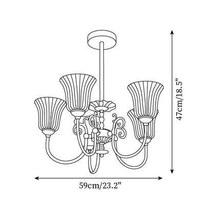Lustre Vivienne en laiton, abat-jour en verre cannelé avec bras ornés