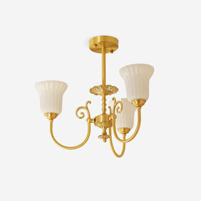 Lustre Vivienne en laiton, abat-jour en verre cannelé avec bras ornés