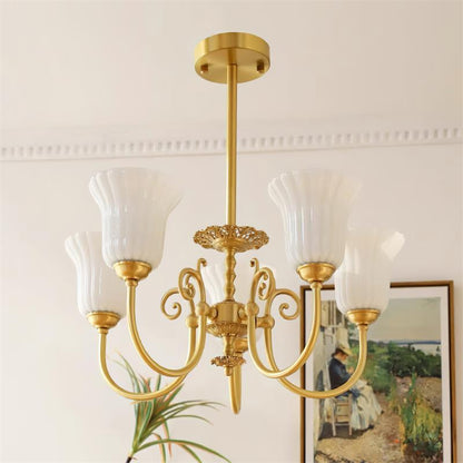 Lustre Vivienne en laiton, abat-jour en verre cannelé avec bras ornés