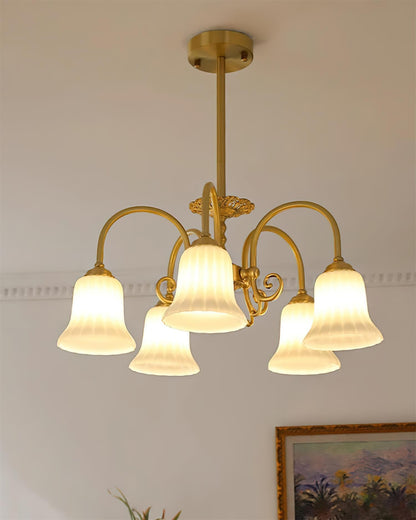 Lustre Vivienne en laiton, abat-jour en verre cannelé avec bras ornés
