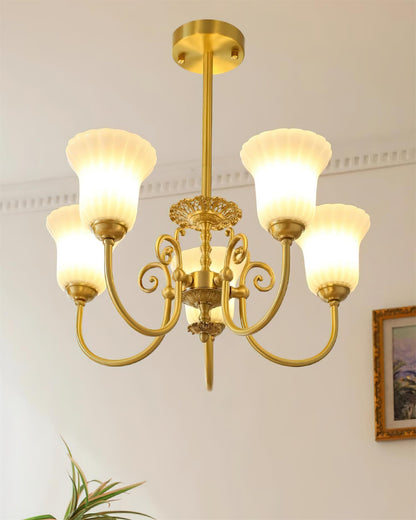 Lustre Vivienne en laiton, abat-jour en verre cannelé avec bras ornés
