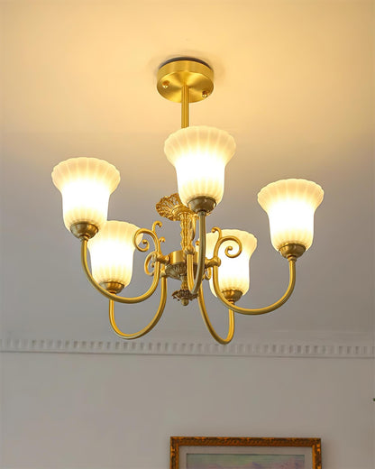 Lustre Vivienne en laiton, abat-jour en verre cannelé avec bras ornés