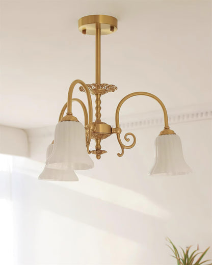 Lustre Vivienne en laiton, abat-jour en verre cannelé avec bras ornés