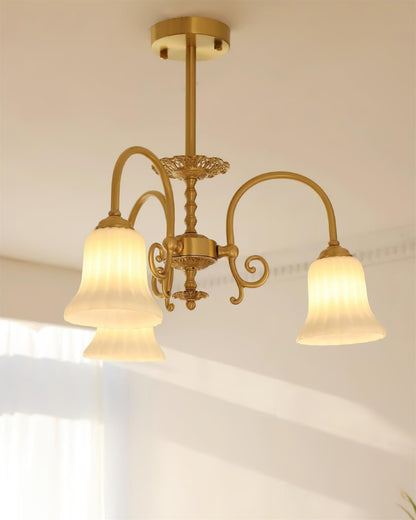 Lustre Vivienne en laiton, abat-jour en verre cannelé avec bras ornés