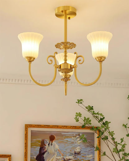 Lustre Vivienne en laiton, abat-jour en verre cannelé avec bras ornés