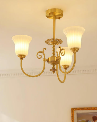 Lustre Vivienne en laiton, abat-jour en verre cannelé avec bras ornés