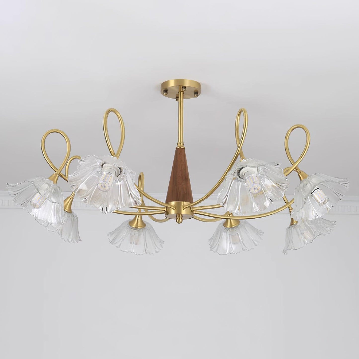 Fleur Lotus Chandelier, Lily Glass Shades with Brass and Wood Frame
