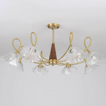 Fleur Lotus Chandelier, Lily Glass Shades with Brass and Wood Frame