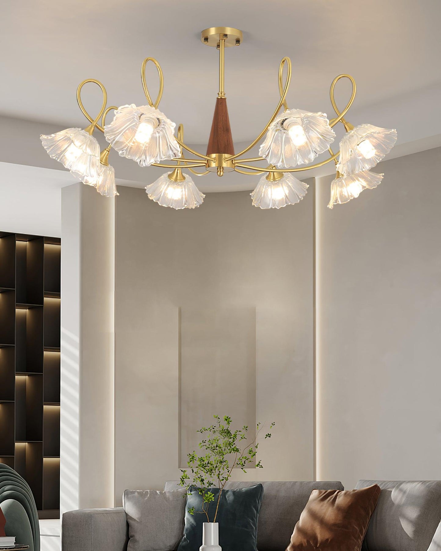 Fleur Lotus Chandelier, Lily Glass Shades with Brass and Wood Frame