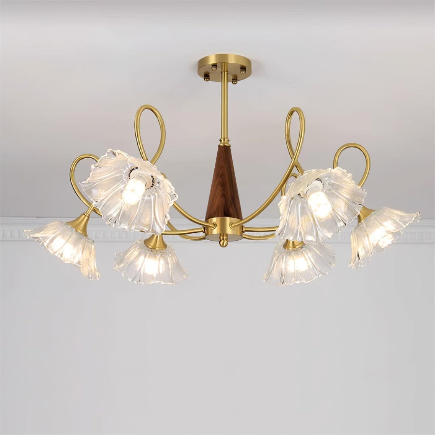 Fleur Lotus Chandelier, Lily Glass Shades with Brass and Wood Frame