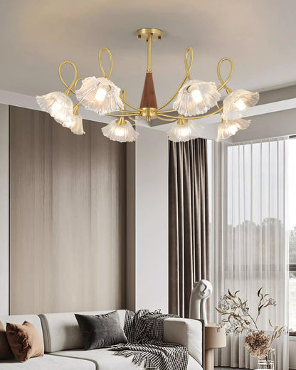 Fleur Lotus Chandelier, Lily Glass Shades with Brass and Wood Frame