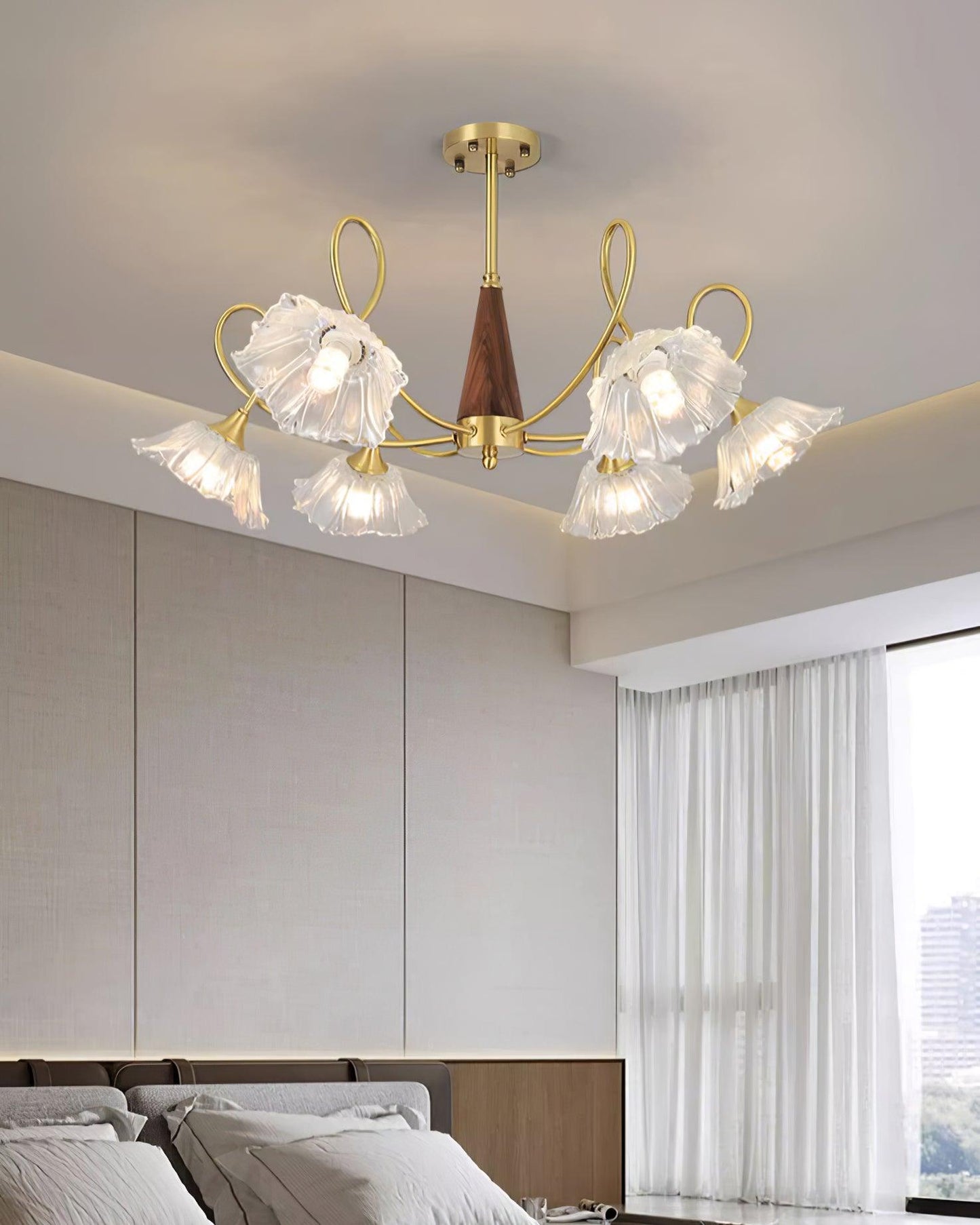 Fleur Lotus Chandelier, Lily Glass Shades with Brass and Wood Frame