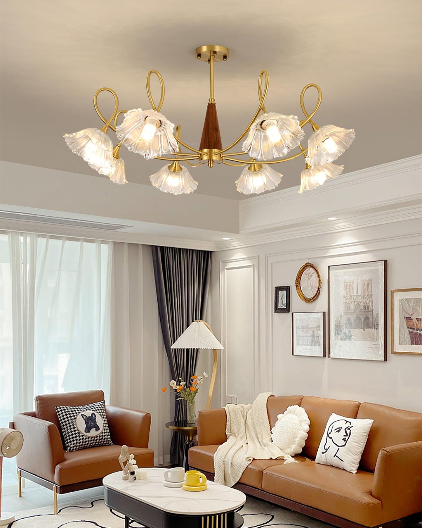 Fleur Lotus Chandelier, Lily Glass Shades with Brass and Wood Frame
