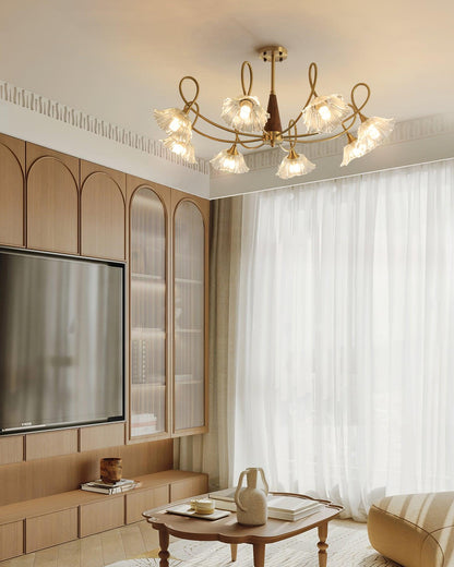 Fleur Lotus Chandelier, Lily Glass Shades with Brass and Wood Frame