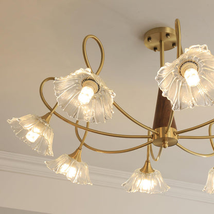 Fleur Lotus Chandelier, Lily Glass Shades with Brass and Wood Frame