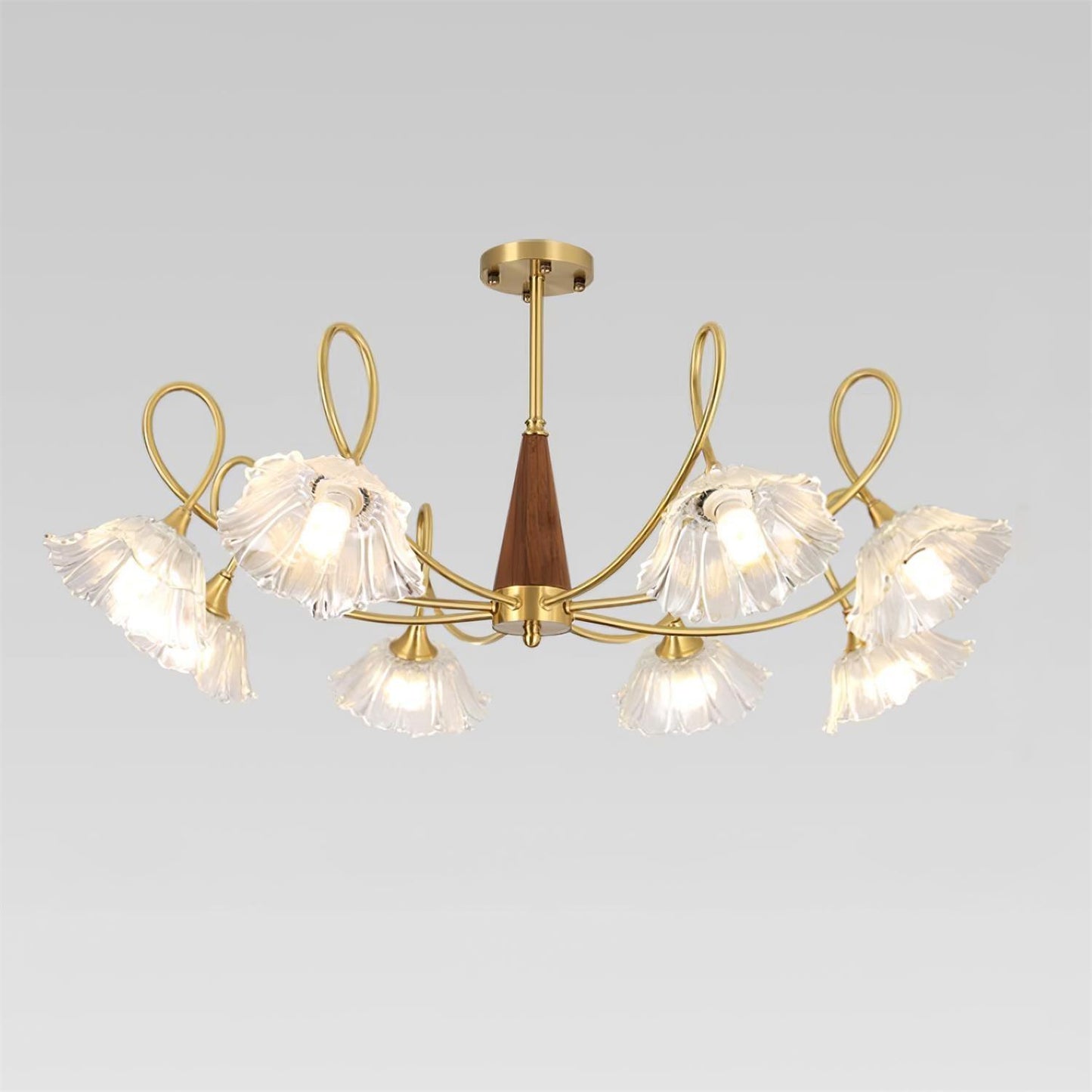 Fleur Lotus Chandelier, Lily Glass Shades with Brass and Wood Frame