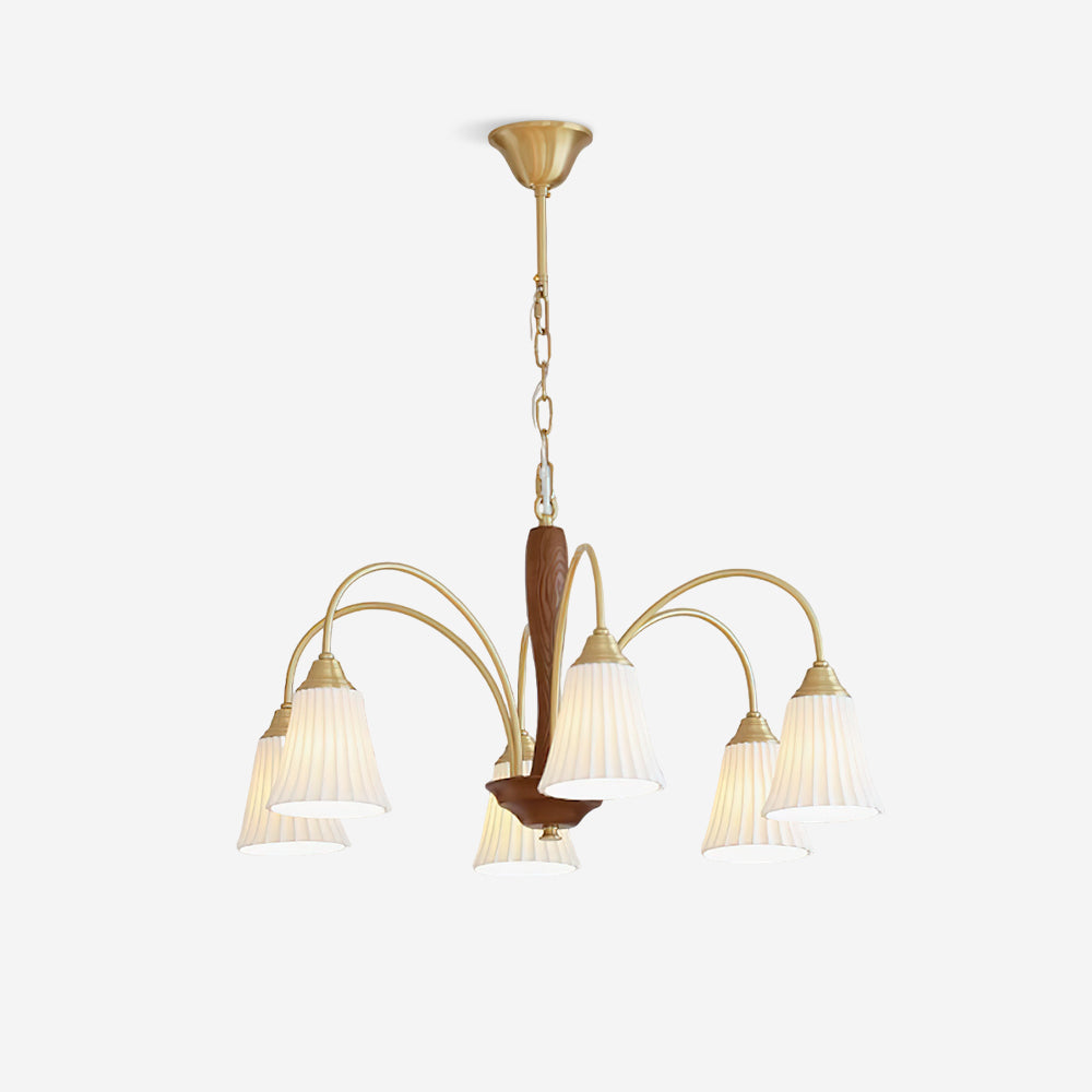 Sophie Chandelier, laiton élégant et bois foncé avec abat-jour en tissu