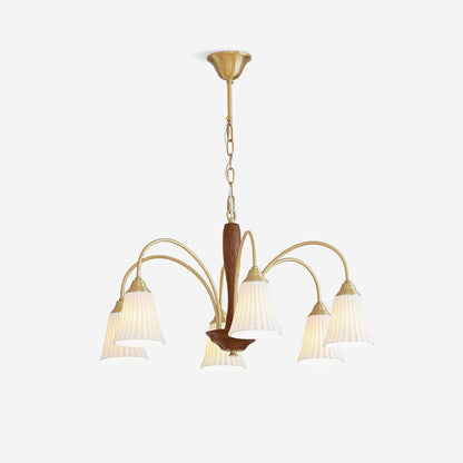 Sophie Chandelier, laiton élégant et bois foncé avec abat-jour en tissu