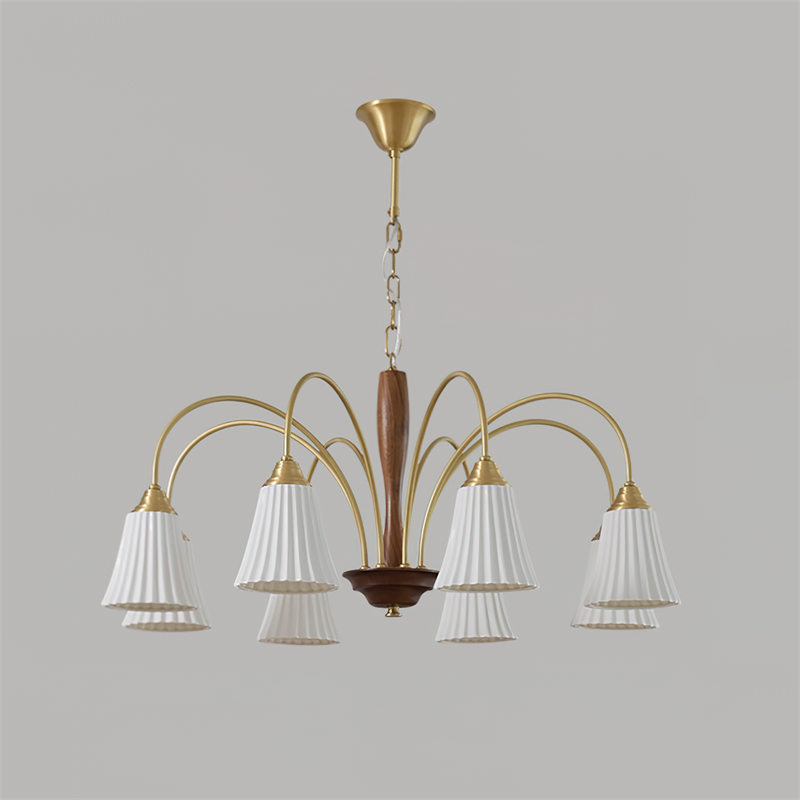 Sophie Chandelier, laiton élégant et bois foncé avec abat-jour en tissu