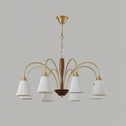 Sophie Chandelier, laiton élégant et bois foncé avec abat-jour en tissu