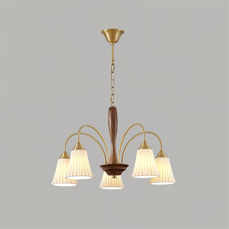 Sophie Chandelier, laiton élégant et bois foncé avec abat-jour en tissu