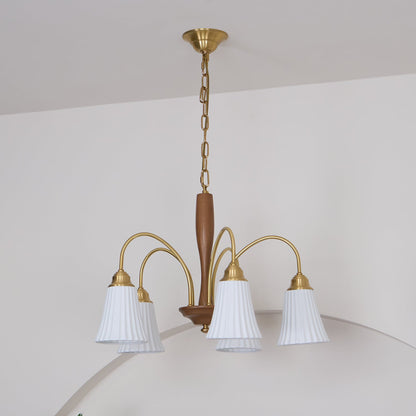 Sophie Chandelier, laiton élégant et bois foncé avec abat-jour en tissu