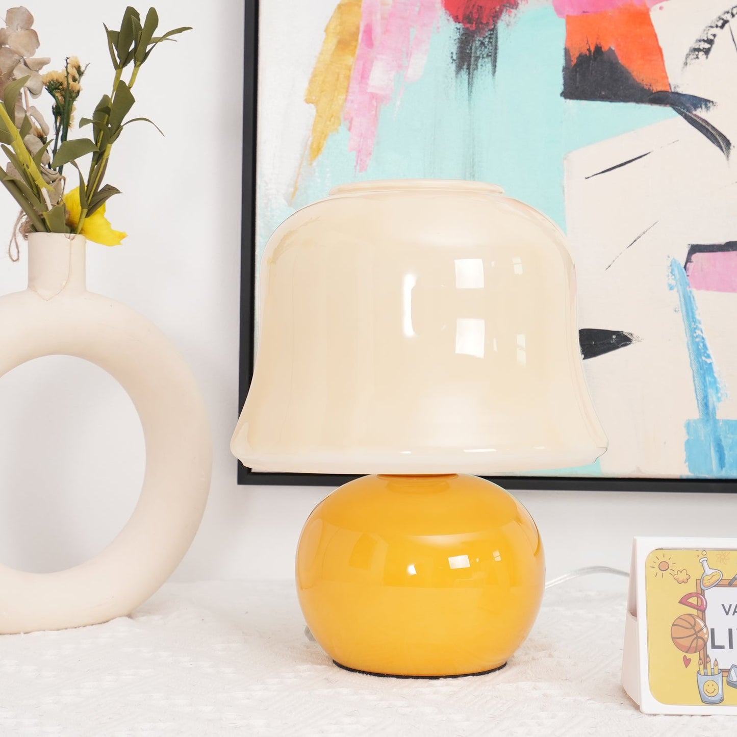 Lampe de Table Giulia Crème Champignon avec Abat-jour en Verre Émaillé