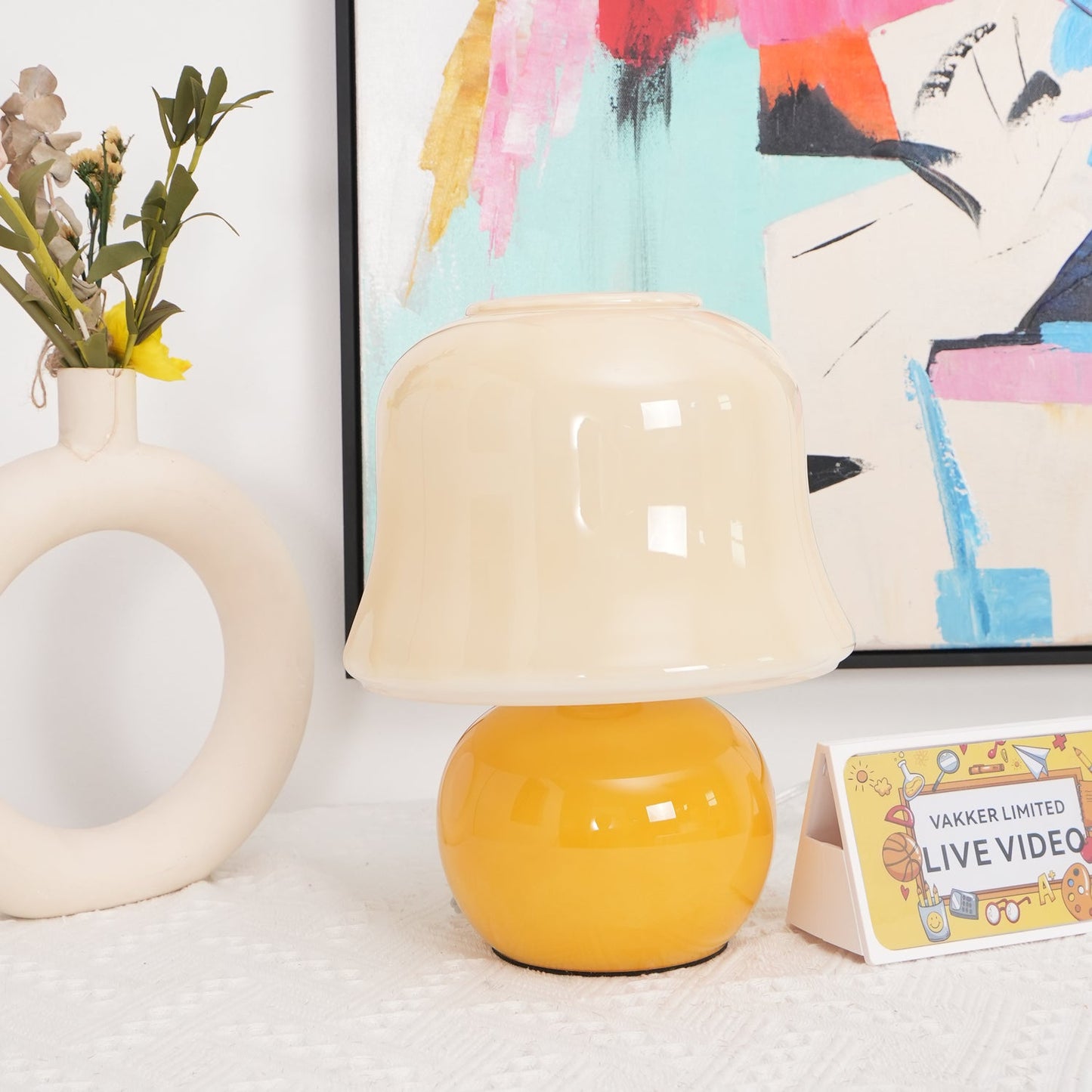 Lampe de Table Giulia Crème Champignon avec Abat-jour en Verre Émaillé