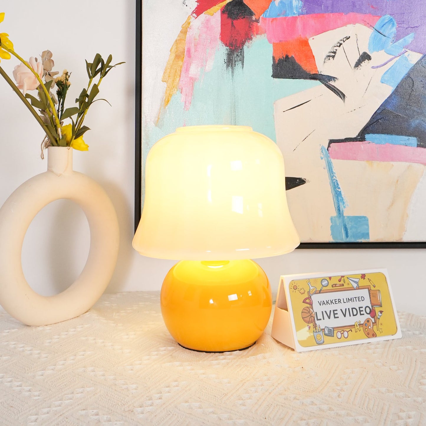 Lampe de Table Giulia Crème Champignon avec Abat-jour en Verre Émaillé