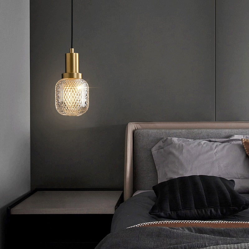 Elise Lampe Suspendue LED Luxe Verre Gravé Cuivre Doré Luminaire Abat-jour Rhombus