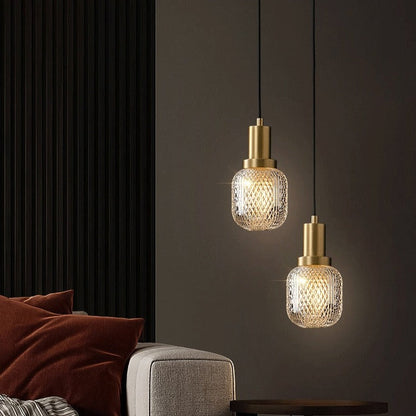 Elise Lampe Suspendue LED Luxe Verre Gravé Cuivre Doré Luminaire Abat-jour Rhombus