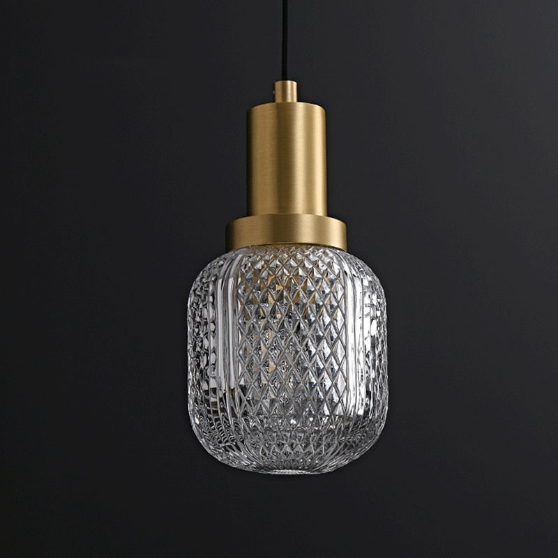 Elise Lampe Suspendue LED Luxe Verre Gravé Cuivre Doré Luminaire Abat-jour Rhombus