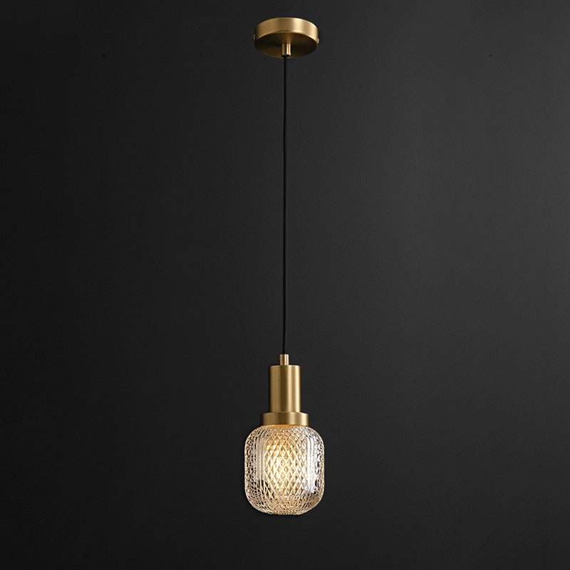 Elise Lampe Suspendue LED Luxe Verre Gravé Cuivre Doré Luminaire Abat-jour Rhombus