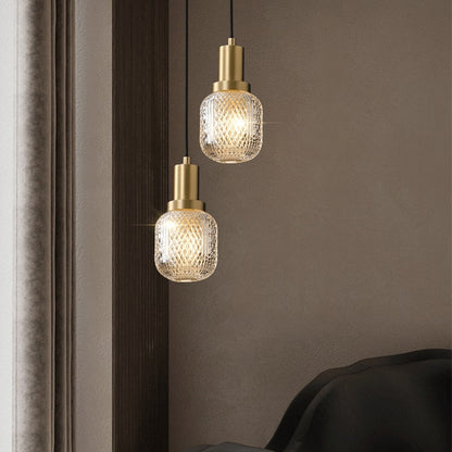 Elise Lampe Suspendue LED Luxe Verre Gravé Cuivre Doré Luminaire Abat-jour Rhombus
