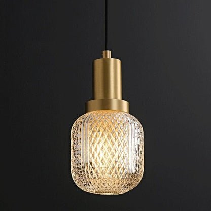 Elise Lampe Suspendue LED Luxe Verre Gravé Cuivre Doré Luminaire Abat-jour Rhombus