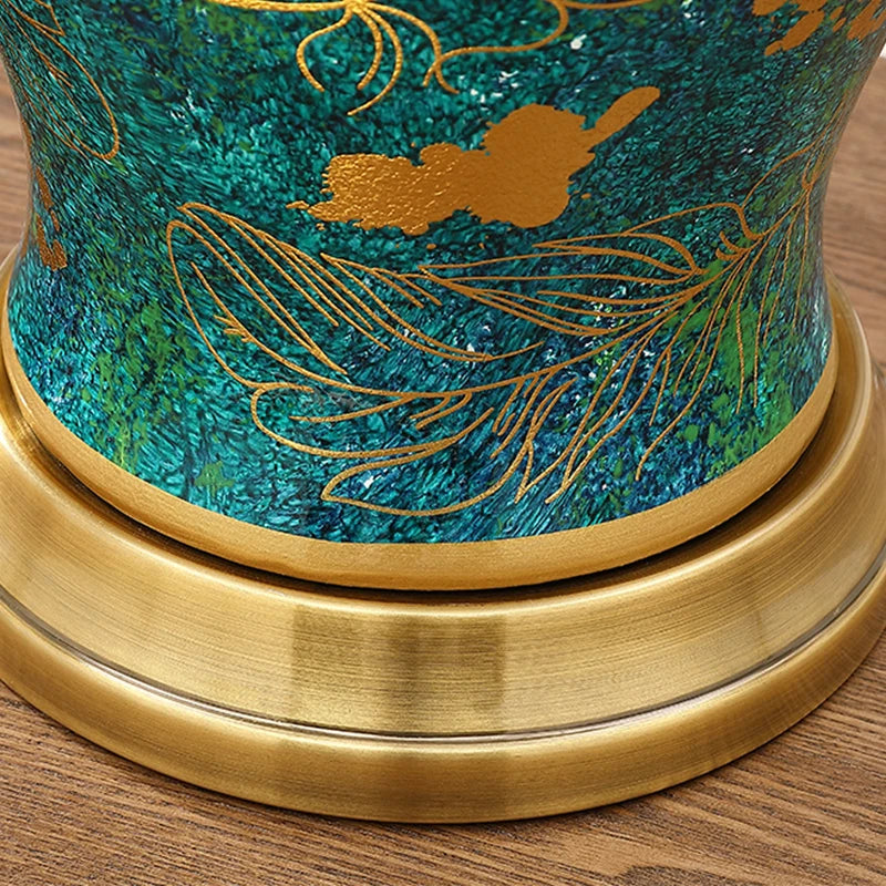 Retro Green Ceramic Table Lamp with Fabric Shade for Bedroom Living Room