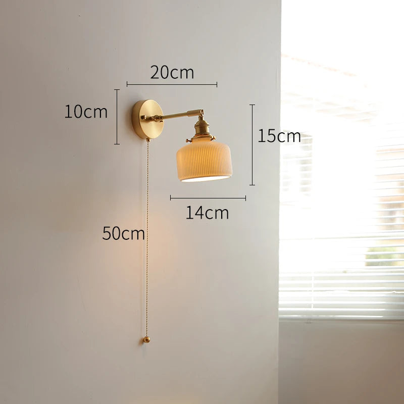Applique Murale LED Élise Verre Vert Cuivre avec Interrupteur à Chaînette