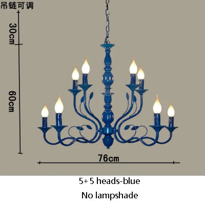 Lustre rustique de luxe en fer forgé avec lumières LED bougies bleues pour salon