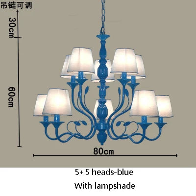 Lustre rustique de luxe en fer forgé avec lumières LED bougies bleues pour salon