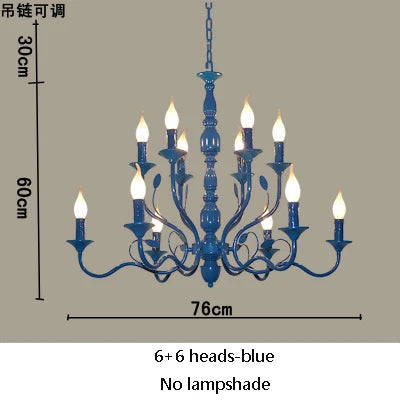 Lustre rustique de luxe en fer forgé avec lumières LED bougies bleues pour salon