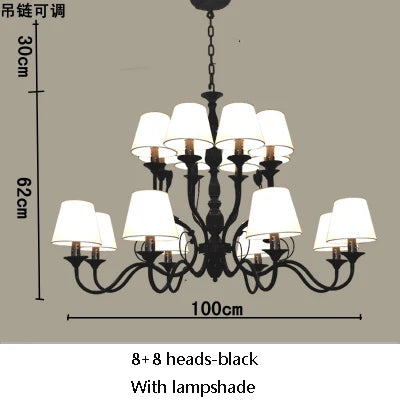 Lustre rustique de luxe en fer forgé avec lumières LED bougies bleues pour salon