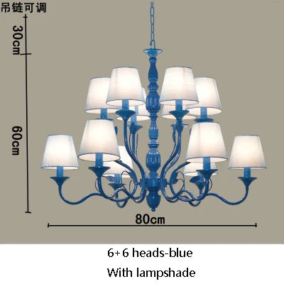 Lustre rustique de luxe en fer forgé avec lumières LED bougies bleues pour salon
