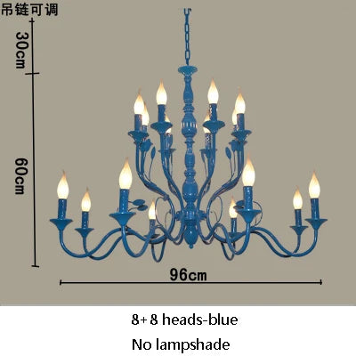 Lustre rustique de luxe en fer forgé avec lumières LED bougies bleues pour salon
