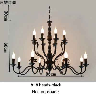 Lustre rustique de luxe en fer forgé avec lumières LED bougies bleues pour salon