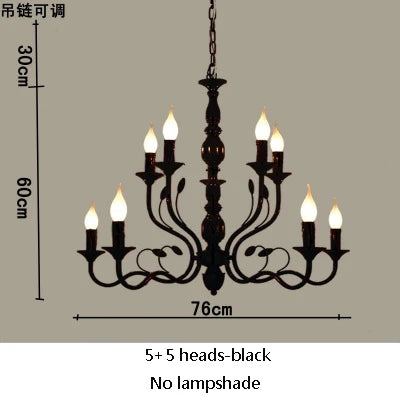 Lustre rustique de luxe en fer forgé avec lumières LED bougies bleues pour salon
