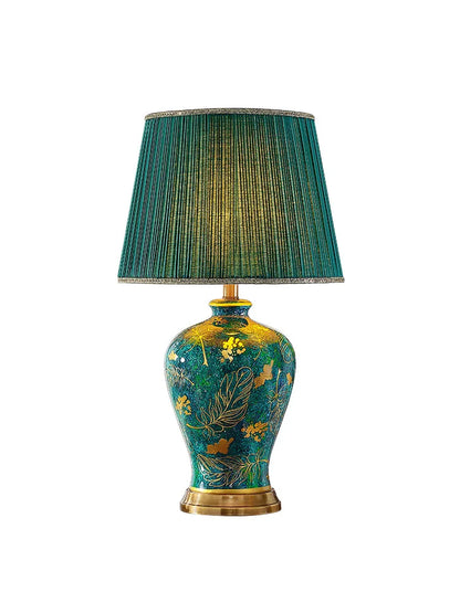 Retro Green Ceramic Table Lamp with Fabric Shade for Bedroom Living Room