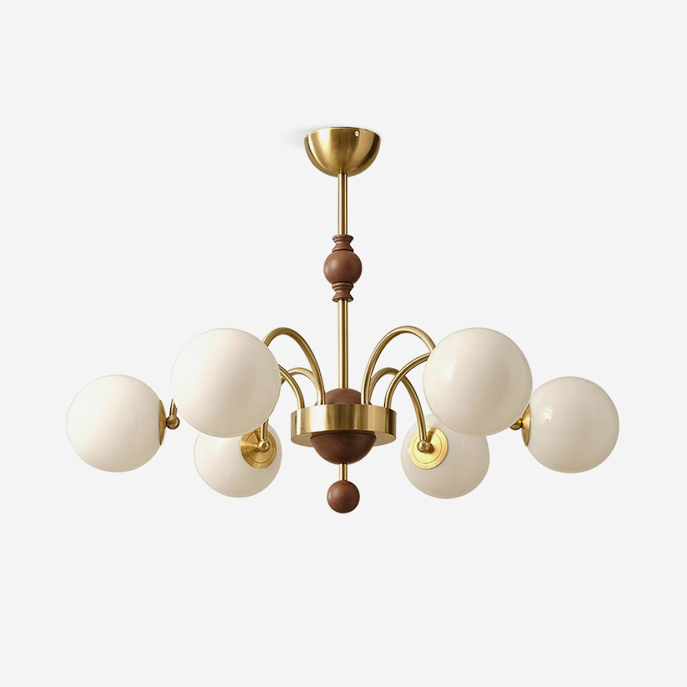 Margaux Chandelier, Opal Glass Shades with Wood and Metal Frame