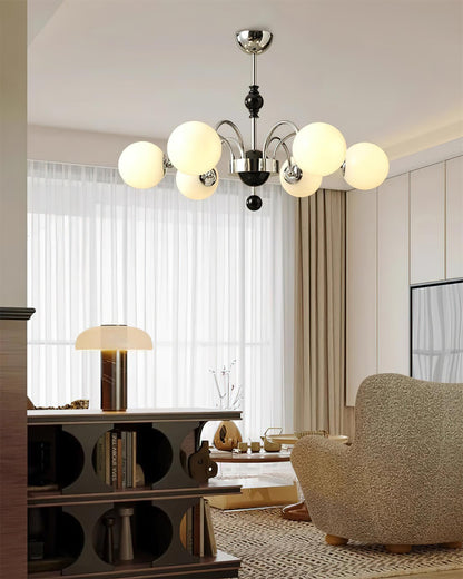 Margaux Chandelier, Opal Glass Shades with Wood and Metal Frame
