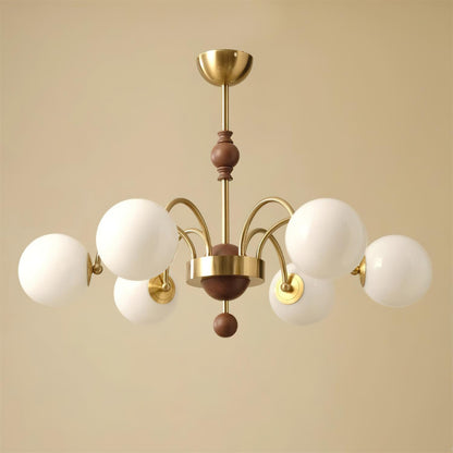 Margaux Chandelier, Opal Glass Shades with Wood and Metal Frame