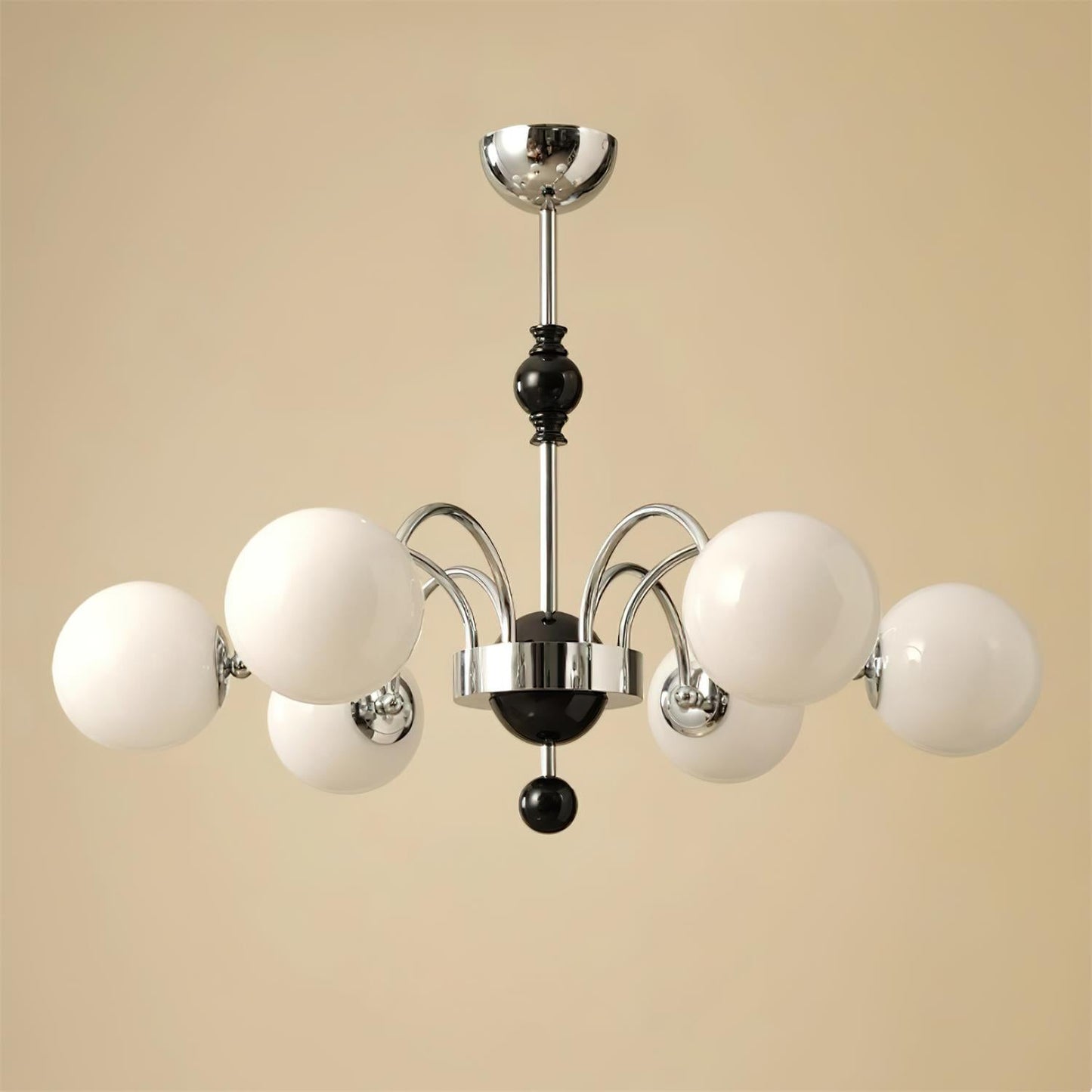 Margaux Chandelier, Opal Glass Shades with Wood and Metal Frame